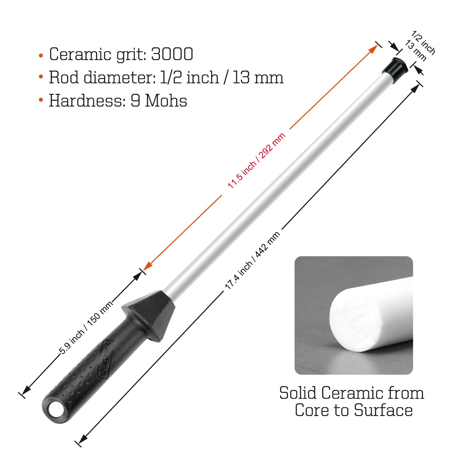Total L.17.5-Inch/Rod L.12-Inch 3000-Grit Ceramic Sharpening Steel with Built-In Angle Guides